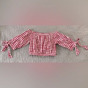 Altar'd State Red White Gingham Crop Top Off Shoulder Ties Size Small Cotton
